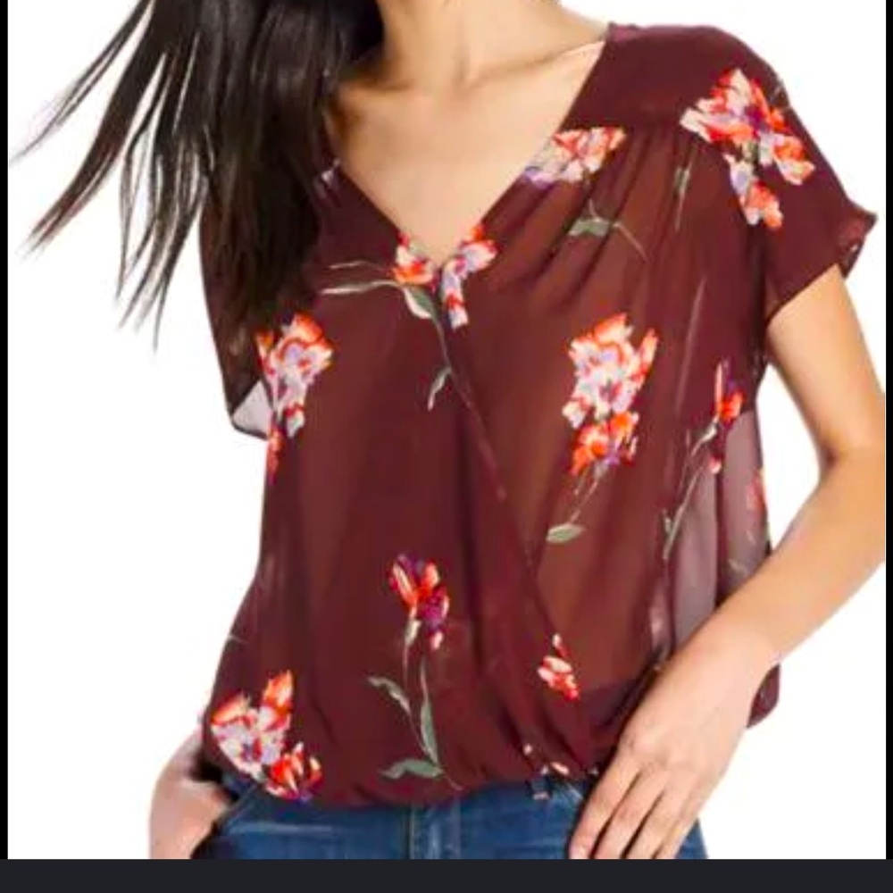 Lucky Brand sheer wrap blouse, beautiful floral print, modesty snap